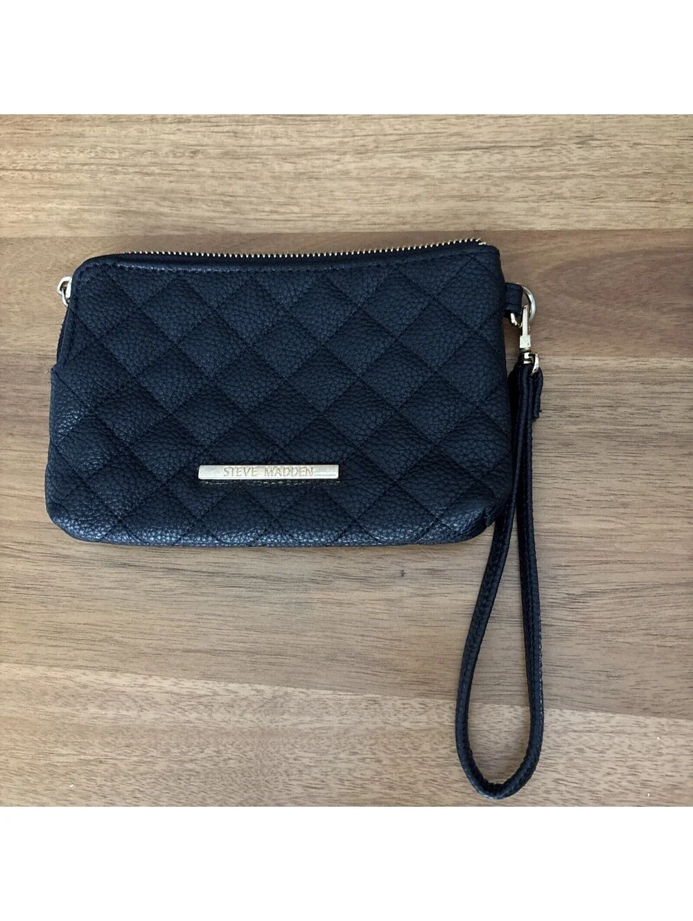Steve Madden Quilted Wristlet - Black With Black Hardware 2 Zip Compartments
